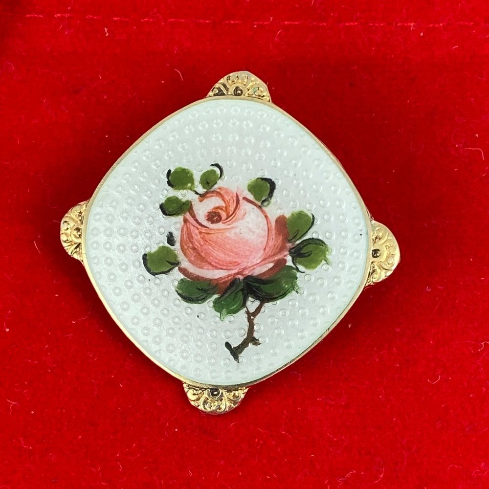 Vintage Pearl White Guilloche Enameled Rose Bouquet Broach or Necklace